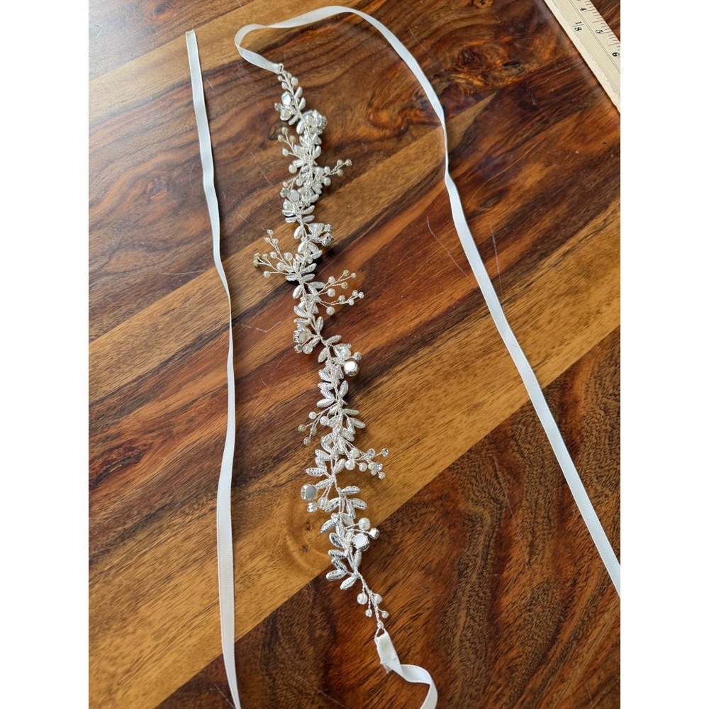 Silver Rhinestone Pearl Bridal Sash Wedding Hair Vine Floral Leaf Ribbon Bride - Picture 4 of 6